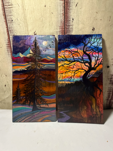 pair of wood panel paintings